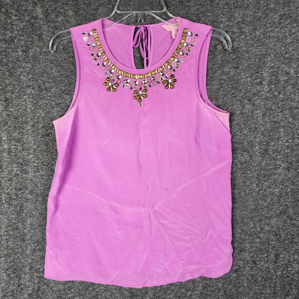 Lilly Pulitzer Top Women S Sleeveless Silk Jeweled Neckline Pink Embellished